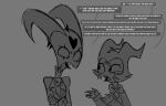  &lt;3 blitzo_(helluva_boss) bow_ribbon crossed_arms dialogue duo english_text grey_background helluva_boss hi_res horn imp male monochrome moxxie_(helluva_boss) profanity simple_background standing teathekook text white_text 