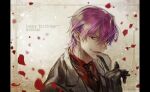  1boy adoniszaf birthday black_gloves black_necktie character_name dated formal gloves happy_birthday hisoka_morow hunter_x_hunter looking_at_viewer male_focus necktie red_background red_hair short_hair smile solo suit upper_body yellow_eyes 