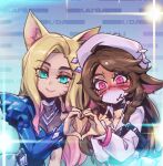  2girls ahri_(league_of_legends) animal_ears black_choker blonde_hair blue_dress blush braid breasts brown_hair choker commentary dress fox_ears fox_girl heart heart_hands heart_hands_duo k/da_(league_of_legends) k/da_all_out_ahri k/da_lillia large_breasts league_of_legends lillia_(league_of_legends) long_hair long_sleeves mask mouth_mask multiple_girls phantom_ix_row pink_eyes pink_headwear shiny_skin teamfight_tactics twin_braids upper_body white_background 