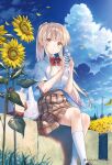  1girl blonde_hair bottle bow bowtie brown_skirt cloud cloudy_sky collared_shirt cumulonimbus_cloud flower hanekoto highres holding holding_bottle kneehighs long_hair looking_at_viewer neck_ribbon official_art open_mouth otonari_no_tenshi-sama_ni_itsu_no_mani_ka_dame_ningen_ni_sarete_ita_ken outdoors ponytail red_bow red_bowtie red_ribbon ribbon school_uniform shiina_mahiru_(otonari_no_tenshi-sama) shirt short_sleeves sitting skirt sky socks solo summer sunflower twitter_username water_bottle white_shirt white_socks yellow_eyes yellow_flower 