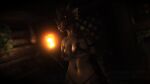  anthro argonian bethesda_softworks bikini bodily_fluids breasts clothing digital_media_(artwork) female hi_res holding_object horn legendofjan log_cabin reptile scales scalie solo sweat swimwear the_elder_scrolls 