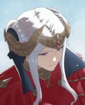  1girl blue_background breasts double_bun edelgard_von_hresvelg english_commentary expressionless fire_emblem fire_emblem:_three_houses from_above hair_bun headpiece horns medium_breasts pomelomelon portrait purple_eyes short_hair simple_background solo white_hair 