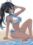  1girl absurdres antenna_hair bikini black_hair blue_bow blue_eyes blue_sailor_collar bow colored_tips commission cosplay dark-skinned_female dark_skin ganaha_hibiki ganaha_hibiki_(cosplay) green_hair hair_between_eyes highres idolmaster kiukoma long_hair multicolored_hair navel one_eye_closed original partially_submerged ponytail sailor_bikini sailor_collar sailor_swimsuit_(idolmaster) skeb_commission striped striped_bow swimsuit two-tone_bikini two-tone_bow two-tone_hair v_over_eye water white_bikini 