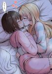  2girls betock blonde_hair blush brown_hair closed_eyes from_above heart highres hood hoodie licking licking_another&#039;s_face long_hair lying multiple_girls on_bed on_side original pillow pink_hoodie pink_shorts short_hair shorts speech_bubble striped striped_sweater sweat sweatdrop sweater translation_request yuri 