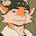  anthro armor clothed clothing countershading dragon fur furred_dragon green_eyes hat headgear headwear helmet hi_res horn male mammal military military_uniform orange_body orange_fur prismanoodle_(artist) simple_background solo topwear uniform 