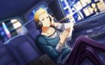  1boy blonde_hair blue_eyes bracelet car_interior crossed_legs fingernails headphones highres idolmaster idolmaster_side-m idolmaster_side-m_live_on_stage! ijuuin_hokuto jewelry light_smile long_sleeves male_focus necklace official_art pants purple_pants shirt undershirt 