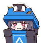  1girl achilles_(yosshyachillesd) animal_ears black_hair blue_archive blush bright_pupils closed_mouth fake_animal_ears grey_halo halo in_trash_can leaf long_hair looking_at_viewer miyu_(blue_archive) rabbit_ears red_eyes simple_background solo trash_can white_background white_pupils 