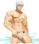  1boy abs bara black_male_swimwear blue_eyes bulge cropped_legs fate/grand_order fate_(series) hair_between_eyes jin_(sirius-j) large_pectorals looking_at_viewer male_focus male_swimwear multicolored_male_swimwear muscular muscular_male navel navel_hair pectorals percival_(fate) see-through short_hair solo stomach strongman_waist thick_thighs thighs topless_male veins veiny_arms wet_male_swimwear white_hair white_male_swimwear 
