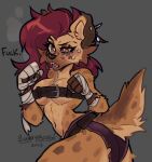 anthro athletic athletic_anthro athletic_female belt_bra bodily_fluids breasts brown_body brown_fur bunnyboogi clothed clothing female fist frinn fur grey_background hair hand_wraps hi_res hyena inner_ear_fluff mammal partially_clothed red_hair simple_background skimp solo spotted_hyena sweat tuft underwear wraps 