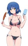  1girl :o absurdres bare_arms bikini black_bikini blue_hair blunt_ends blush bocchi_the_rock! breasts cleavage collarbone commentary corn_dog cowboy_shot eggman_(pixiv28975023) food frilled_bikini frills highres holding holding_food long_hair medium_breasts mole mole_under_eye navel open_mouth popsicle short_hair simple_background solo standing swimsuit textless_version white_background yamada_ryou yellow_eyes 