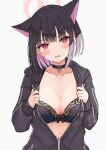 1girl absurdres animal_ears black_bra black_choker black_jacket blue_archive blush bra breasts cat_ears choker extra_ears halo highres hood hooded_jacket jacket kazusa_(blue_archive) kirin_(kirin1023) large_breasts looking_at_viewer medium_hair multicolored_hair open_clothes open_jacket open_mouth partially_unzipped pink_hair red_eyes simple_background solo two-tone_hair underwear 