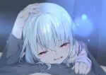  1girl 9-nine- absurdres ahoge black_shirt blush breast_press chinese_commentary clenched_hand commentary_request crying crying_with_eyes_open eyelashes grey_hair hair_between_eyes hair_down half-closed_eyes headpat highres indoors long_hair long_sleeves looking_at_viewer lower_teeth_only night niimi_sora off_shoulder open_mouth painnico pink_shirt pov purple_eyes sad shirt shirt_tug single_bare_shoulder sleeves_past_wrists solo_focus tears teeth tsurime wavy_mouth 