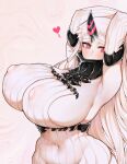  abyssal_ship armpits blush breasts colored_skin commentary covered_mouth covered_navel covered_nipples curvy detached_sleeves dress english_commentary heart highres horns huge_breasts kantai_collection long_hair pale_skin red_eyes ribbed_dress ribbed_sweater seaport_princess sideboob simple_background single_horn skin_tight sweater sweater_dress uni_(oni_unicorn) white_hair white_skin wide_hips 