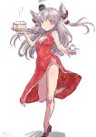  1girl alternate_costume amatsukaze_(kancolle) bamboo_steamer baozi breasts brown_eyes china_dress chinese_clothes cleavage_cutout clothing_cutout dress food fuji_(pixiv24804665) grey_hair hair_tubes high_heels highres kantai_collection leaf_print long_hair no_panties red_dress red_footwear simple_background small_breasts smoke smokestack_hair_ornament solo standing tiptoes two_side_up white_background 