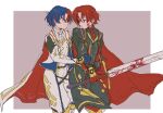  2boys alear_(fire_emblem) alear_(male)_(fire_emblem) ascot belt blood blood_on_face blood_on_weapon blue_hair cape closed_mouth fire_emblem fire_emblem_engage gloves highres holding holding_sword holding_weapon long_sleeves looking_at_another multiple_boys past_alear_(male) red_eyes red_hair short_hair sword teacher_sbm weapon white_ascot 