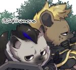  19_sukinamono 2boys arknights bush chibi cropped eyebrow_piercing facial_mark furry furry_male gun holding holding_weapon hyena hyena_boy live_a_hero looking_at_viewer looking_to_the_side multiple_boys piercing rifle roiker_(live_a_hero) shield shrub sniper_rifle spot_(arknights) star_(symbol) star_facial_mark twitter_username weapon white_background 