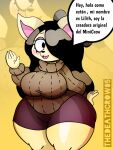  5_fingers anthro black_eyes black_hair blush bottomwear breasts canid canine canis clothing domestic_dog female fingers hair hat headgear headwear hi_res lilith_(thedeathcrow05) mammal one_eye_obstructed shorts solo spanish_text sweater text thedeathcrow05 thick_thighs topwear yellow_body 