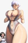  2girls bare_shoulders black_hair bleach breasts cameltoe closed_mouth earrings ghostdoctor highres jewelry kotetsu_isane large_breasts lips long_hair multiple_girls navel phone shiny_skin simple_background smile standing stomach swimsuit tall_female thighs unohana_retsu white_hair wide_hips 