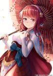  1girl absurdres capelet fire_emblem fire_emblem_fates floral_print hairband hand_on_own_chest highres holding holding_umbrella looking_at_viewer oil-paper_umbrella pelvic_curtain pink_eyes pink_hair ryo-suzuki sakura_(fire_emblem) short_hair short_hair_with_long_locks smile solo umbrella waist_ribbon white_capelet white_hairband 
