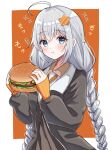  1girl ahoge black_jacket blue_eyes blush braid burger closed_mouth fingerless_gloves food gloves grey_hair grey_skirt hair_between_eyes hair_ornament highres holding holding_food jacket kizuna_akari long_hair nibii_(mnwv8887) open_clothes open_jacket orange_gloves shirt skirt solo star_(symbol) star_hair_ornament striped striped_gloves twin_braids vertical-striped_gloves vertical_stripes voiceroid white_shirt 