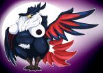  absurd_res anthro avian beak big_breasts bird black_nipples breasts corvid corvus_(genus) crow female fluffy generation_4_pokemon hi_res honchkrow huge_breasts nintendo nipples oscine passerine pokemon pokemon_(species) sagging_breasts solo spread_wings standing tolerain wings 