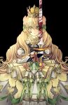  1girl absurdres black_background blonde_hair blood blood_on_face blood_on_weapon butterfly_hair_ornament celine_(fire_emblem) crown dress fire_emblem fire_emblem_engage flower green_eyes hair_ornament highres holding holding_sword holding_weapon long_hair looking_at_viewer omlililimo princess serious simple_background solo sword upper_body very_long_hair weapon 