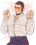  1boy bara black_hair black_pants blush button_gap chest_hair clenched_hands closed_eyes collared_shirt facial_hair foazycozy golden_kamuy large_pectorals male_focus muscular muscular_male pants pectorals shirt short_hair smile solo tanigaki_genjirou teeth white_shirt 