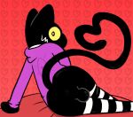  anthro balls black_body black_pupils bottomless butt clothed clothing demon domestic_cat felid feline felis genitals heart_tail imp lying male mammal on_side pattern_background pupils purple_clothing purple_sweater purple_topwear silly_imp silly_imp_(character) simple_background solo stripes sweater tail topwear yellow_sclera 