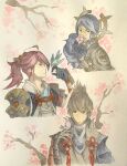  1girl 2boys armor bird bird_on_hand blue_hair fire_emblem fire_emblem_fates grey_hair highres japanese_armor japanese_clothes looking_at_viewer multiple_boys red_hair reina_(fire_emblem) soranker subaki_(fire_emblem) takumi_(fire_emblem) 