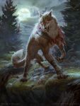  &copy; anna_stienbauer_(artist) arlinn_kord canid canine canis clothing cloud detailed_background digital_media_(artwork) english_text fur hasbro hi_res magic:_the_gathering mammal moon official_art open_mouth outside planeswalker plant red_eyes rock signature solo symbol tail text torn_clothing tree were werecanid werecanine werewolf wizards_of_the_coast wolf 