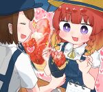  2girls blue_overalls braid brown_hair brown_headwear closed_eyes collared_shirt crepe etorofu_(kancolle) food hat heart highres holding holding_food kantai_collection multiple_girls open_mouth overalls purple_eyes red_hair shirt short_hair short_sleeves smile straw_hat twin_braids wateru white_shirt 