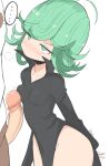  ... 1boy 1girl artist_name black_dress blush breast_press breasts censored collarbone curly_hair dress erection green_eyes green_hair jellcaps long_sleeves mosaic_censoring one-punch_man penis short_hair simple_background small_breasts spoken_ellipsis tatsumaki thighs white_background 
