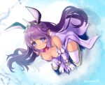  1girl animal_ears bare_shoulders breasts closed_mouth collar detached_collar deux_saint-co_pilica elbow_gloves eyelashes fang floating_hair from_above full_body gloves highres kneeling kuro_(be_ok) lavender_dress leaning_forward long_hair medium_breasts neck_ribbon pointy_ears purple_collar purple_eyes purple_hair rabbit_ears ribbon short_eyebrows sidelocks skin_fang smile solo sound_voltex swept_bangs thick_eyebrows thighhighs tiara twintails twitter_username white_gloves white_thighhighs zettai_ryouiki 
