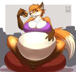  anthro bean_bag belly big_belly big_breasts bra breasts brown_body brown_fur burger canid canine clothing eating female food fox fur gloves_(marking) grey_background hair hand_on_stomach hi_res mammal markings orange_body orange_fur scarlett_fox_(daedric36) short_hair simple_background solo stuffing tacticalfur tail tan_body tan_fur tongue tongue_out underwear 