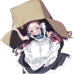 1girl absurdres apron black_dress blue_archive blush box cardboard_box dress forehead frilled_dress frills grey_eyes highres long_hair looking_at_viewer maid maid_headdress parted_lips red_hair shisantian short_sleeves simple_background sketch solo sweat under_box very_long_hair white_apron white_background yuzu_(blue_archive) yuzu_(maid)_(blue_archive) 