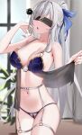  1girl blindfold blue_bra blue_panties bra breasts garter_belt high_ponytail highres honkai:_star_rail honkai_(series) jingliu_(honkai:_star_rail) large_breasts long_hair open_mouth panties skai_kun solo thighs underwear white_hair 