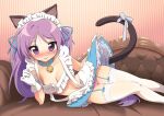  1girl animal_ears apron bell blue_collar blue_ribbon blue_skirt blush breasts cat_ears cat_tail clothes_lift collar commentary_request couch feet_out_of_frame frilled_apron frills garter_straps gloves hair_ribbon hiiragi_kagami hotaru_iori ichimi_renge lifted_by_self long_hair looking_at_viewer lucky_star lying maid maid_headdress neck_bell on_side panties pink_panties purple_eyes purple_hair revealing_clothes ribbon skirt skirt_lift small_breasts smile solo striped striped_background tail tail_ornament tail_ribbon thighhighs twintails underwear very_long_hair white_apron white_gloves white_thighhighs 