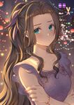  1girl aerith_gainsborough bead_bracelet beads blurry blurry_background blush bracelet breasts brown_hair city_lights collarbone crossed_arms dress embarrassed final_fantasy final_fantasy_vii final_fantasy_vii_remake frilled_sleeves frills green_eyes hair_ribbon highres jewelry long_hair looking_at_viewer medium_breasts nail_polish nalu official_alternate_costume parted_bangs pink_dress pink_nails pink_ribbon ponytail ribbon short_sleeves sidelocks solo twitter_username upper_body wavy_hair 