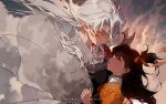  1girl black_hair closed_eyes demon_boy facial_mark forehead_mark fur_shawl inuyasha japanese_clothes kawacy long_hair one_side_up pointy_ears rin_(inuyasha) sesshoumaru shawl shoulder_spikes spikes white_hair yellow_eyes 