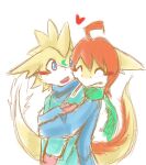  &lt;3 anthro blue_clothing blue_eyes blue_topwear blush cheek_tuft clothed clothing colored_sketch cuddling duo embrace facial_tuft fur hair hug kuttoyaki male open_mouth red_hair simple_background sketch standing tail tail_tuft topwear tuft white_background white_body white_fur white_tail_tuft yellow_body yellow_fur 