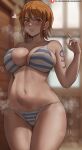  1girl arm_tattoo bikini blurry blurry_background blush bob_cut breasts brown_eyes cameltoe closed_mouth female_pubic_hair hand_up heart highres large_breasts looking_at_viewer nami_(one_piece) navel one_piece orange_hair oroborus pubic_hair pubic_hair_peek short_hair steaming_body stomach striped striped_bikini swimsuit tattoo v-shaped_eyebrows 