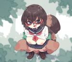  anthro areola biped blue_eyes blush bodily_fluids bottomwear breasts brown_body brown_fur brown_hair canid canine clothed clothing countershade_fur countershading crouching dripping exposed_breasts eyebrow_through_hair eyebrows eyewear female fluffy fluffy_tail footwear forest front_view fur genital_fluids genitals glasses glasses_tanuki_(youki029) hair inverted_nipples looking_at_viewer mammal markings nipples no_underwear open_mouth outside plant pussy pussy_juice pussy_juice_drip raccoon_dog raised_clothing raised_topwear ring_(marking) ringtail school_uniform shoes skirt solo spread_legs spreading sweat tail tail_markings tanuki topwear translucent translucent_hair tree uniform youki029 