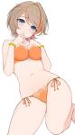  1girl blue_eyes bra bracelet breasts breasts_squeezed_together cleavage closed_mouth collarbone commentary_request ear_piercing highres hiyoku_no_crosspiece jewelry kneeling large_breasts looking_at_viewer medium_bangs multicolored_hair nanashi_inc. orange_bra orange_panties panties piercing simple_background solo streaked_hair temari_rin touri_sei two-tone_hair underwear virtual_youtuber 