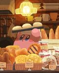  :o arms_up baguette baking blue_eyes blush_stickers bread chef_hat chocolate_chip_cookie colored_skin commentary cook_kirby cookie copy_ability cup dish_rack food frying_pan hat highres holding holding_tray indoors kirby kirby_(series) miclot mug no_humans open_mouth pink_skin price_tag rag solo star_(symbol) symbol-only_commentary teacup tray white_headwear 