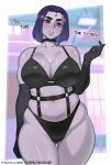  1girl artist_name breasts choker collarbone colored_skin cowboy_shot dc_comics elbow_gloves english_commentary english_text foxicube gloves grey_skin head_tilt large_breasts looking_at_viewer navel patreon_username purple_eyes purple_hair raven_(dc) solo teen_titans thick_thighs thighs web_address 