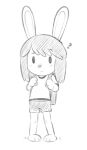  anthro backpack barefoot bottomwear child clothing elinor_rabbit elinor_wonders_why eyebrows feet female greyscale hi_res lagomorph leporid looking_at_viewer mammal monochrome question_mark rabbit rabbit_ears raised_eyebrow shinodage shirt shorts simple_background solo standing topwear white_background young 