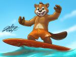  anthro beaver bottomwear clothing hi_res male mammal rodent sagadreams sea shorts solo surfboard surfing swimming swimming_trunks swimwear water 