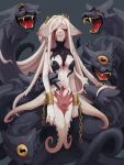  1girl blood blood_from_eyes breasts chain creature cuffs grey_background highres large_breasts long_hair monster_girl one-eyed open_mouth original parted_lips scylla shackles sharp_teeth simple_background smile teeth tentacle_hair tentacles white_hair yamanobe_saya 