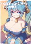  1girl artist_name bare_shoulders bell blue_dress breasts closed_mouth collarbone dress english_text green_eyes green_hair highres huge_breasts league_of_legends long_hair long_sleeves multicolored_hair neck_bell off-shoulder_dress off_shoulder sitting solo sona_(league_of_legends) strongbana twintails two-tone_hair web_address 