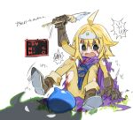  ! !! 1girl ahoge alternate_costume belt black_eyes bleeding blonde_hair blood blood_on_clothes blood_on_face blue_tabard blush bodysuit broken broken_sword broken_weapon brown_belt brown_gloves cape circlet commentary_request crying crying_with_eyes_open cuts dragon_quest feet_up flailing flipped_hair full_body gameplay_mechanics gloves grass health_bar holding holding_sword holding_weapon injury kokaki_mumose medium_hair monster null-meta on_ground open_mouth purple_cape scared screaming shadow sitting slime_(dragon_quest) smears solo spoken_exclamation_mark sword tabard tears torn_bodysuit torn_clothes translation_request turn_pale uozumi_kurumi v-shaped_eyebrows weapon yellow_bodysuit 